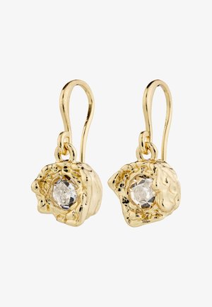 Goudkleurige oorbellen met een gestructureerd, abstract rond ontwerp dat een heldere, facetteerige kristal bevat. Vishaakstijl voor een veilige draagervaring.