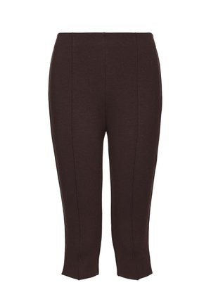 Spodnie o wysokim stanie, ciemnobrązowe, skrócone, o dopasowanym kroju z widocznymi pionowymi szwami z przodu.