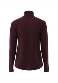 Burgunderfarbener Langarm-Turtleneck mit schmaler Passform und glatter Textur. Verfügt über einen hohen, gerippten Kragen und einen abgerundeten Saum.