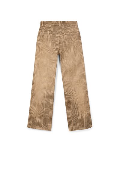 Pantalon droit à carreaux marron avec passants pour ceinture, vu de dos sur un fond blanc.