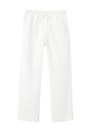 Pantalon à taille élastique blanche avec cordon de serrage, jambes droites et poches latérales.