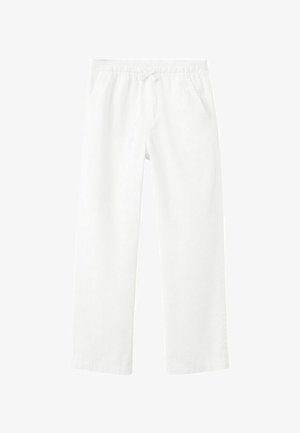 Pantalon à taille élastique blanche avec cordon de serrage, jambes droites et poches latérales.