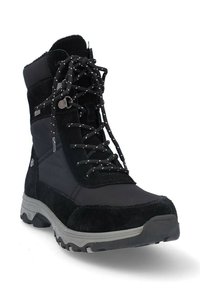 Bota de invierno negra impermeable que presenta una combinación de ante y materiales sintéticos, diseño con cordones y cordones moteados, y una suela de goma texturizada.