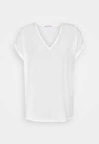 Hvid V-hals T-shirt med korte, opkrøllede ærmer, lavet af blødt, let stof. Har en afslappet pasform med en lige nederkant.