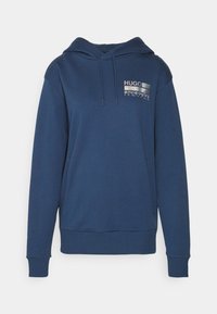 Felpa blu navy con tasca frontale, cappuccio regolabile con cordino e stampa grafica con il logo "HUGO" nella zona del petto. Tessuto morbido.