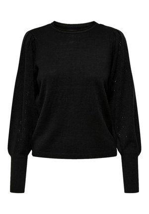 Pull en maille noir à manches longues bouffantes avec poignets côtelés, encolure ronde et motif texturé subtil sur les manches.