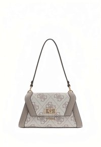 Grijze handtas met een geometrisch patroon, gouden beslag en een patroon op het lichaam. Heeft een korte handgreep en een gestructureerde vorm.