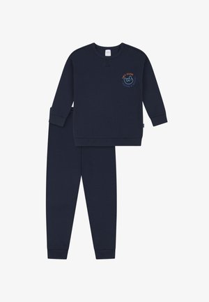 Navyblaues Baumwoll-Loungewear-Set mit einem Langarm-Sweatshirt mit Grafikdruck und passenden, schmal zulaufenden Hosen mit Bündchen am Knöchel.