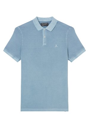 Light blue polo shirt made of soft fabric, featuring a standard collar, short sleeves, three-button placket, and a small embroidered logo.