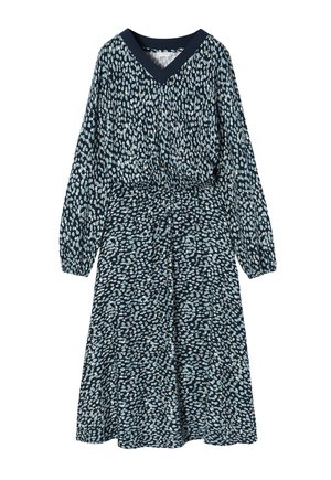 Sukienka w kwiatowy wzór z granatowym tłem, z długimi rękawami, dekoltem w serek, elastycznym pasem i zwiewną sylwetką w kształcie litery A.