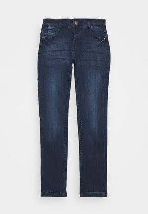 Mørkeblå slim-fit denim jeans med forreste knap, fem lommer og diskrete falmede detaljer på lår og knæ.