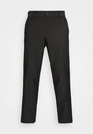 Black trousers made of smooth fabric with a straight cut, featuring a top button and zip fly, designed with side pockets.