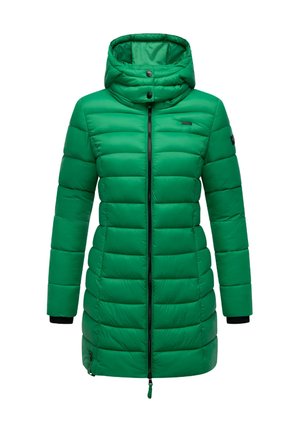 Groene pufferjas met een capuchon, voorzien van een volledige rits aan de voorkant, gewatteerde textuur en elastische manchetten. Gemaakt van een gladde, lichte stof.