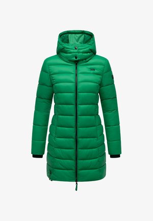 Vihreä puhallustakki hupulla, jossa on koko vetoketju edessä, tikattu pinta ja joustavat hihansuut. Valmistettu sileästä, kevyestä materiaalista.