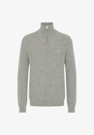 Gray ribbed pullover sweatshirt with a half-zip collar and long sleeves; features a small emblem on the chest. Textured knit fabric.