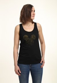 Top nero senza maniche con silhouette di Topolino in paillettes dorate. Realizzato in tessuto morbido, presenta un collo rotondo e una vestibilità comoda.
