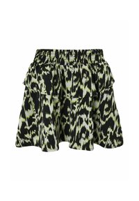 Falda rizada con estampado negro y verde, con una cinturilla elástica, que presenta un diseño en capas y forma acampanada. Textura de tela ligera.