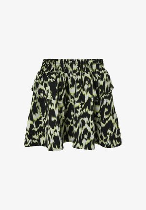 Falda rizada con estampado negro y verde, con una cinturilla elástica, que presenta un diseño en capas y forma acampanada. Textura de tela ligera.