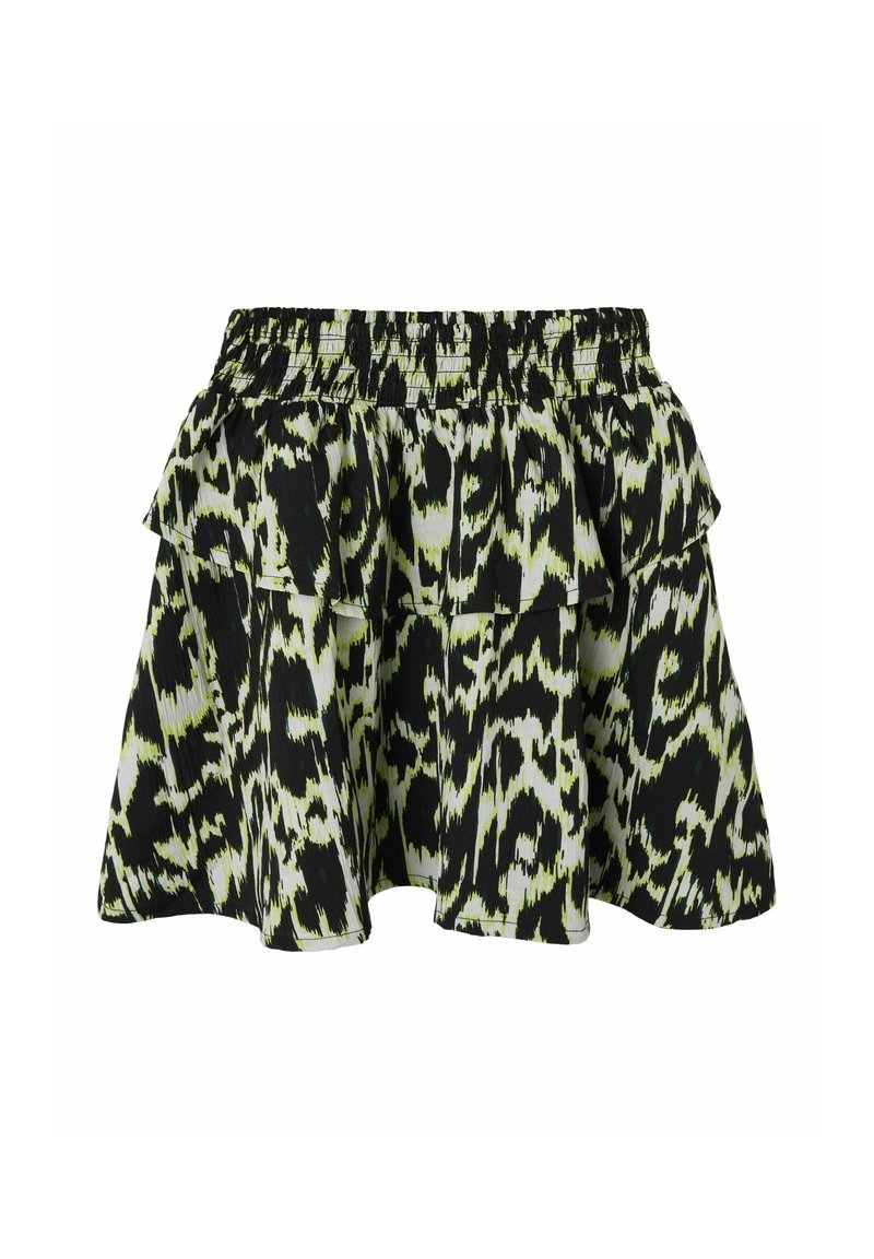 Falda rizada con estampado negro y verde, con una cinturilla elástica, que presenta un diseño en capas y forma acampanada. Textura de tela ligera.