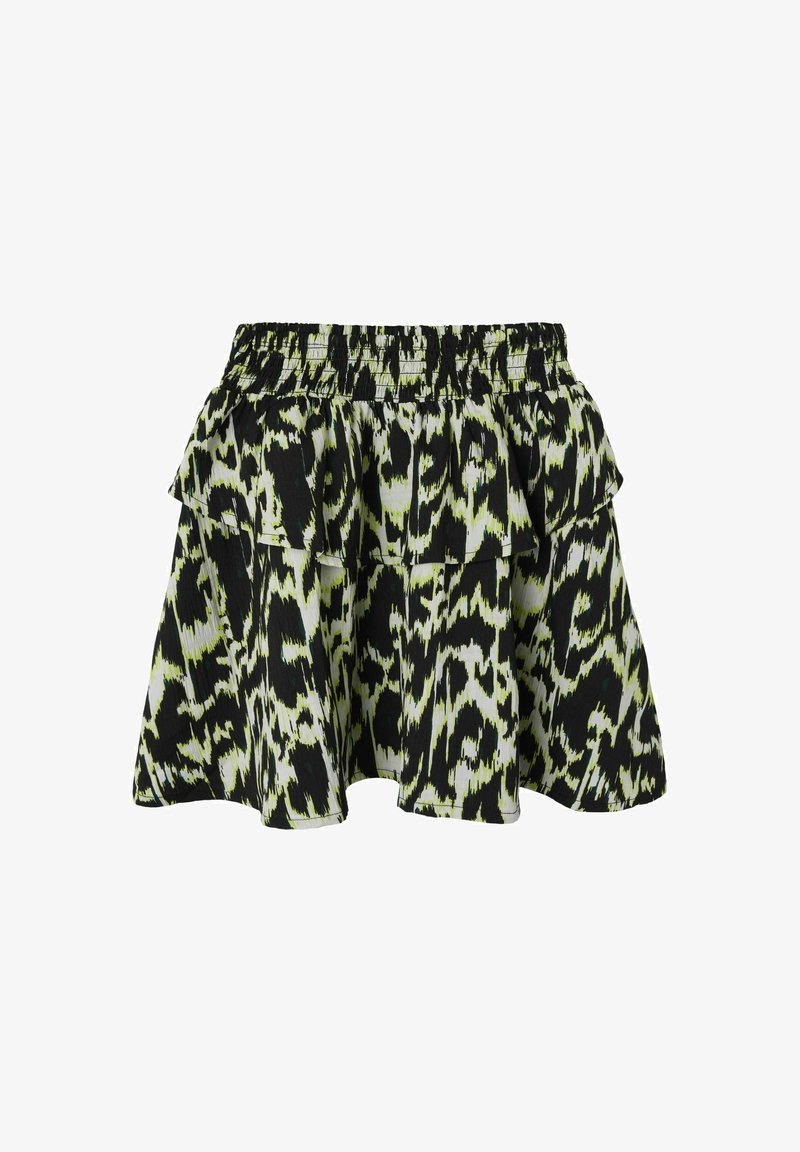 Falda rizada con estampado negro y verde, con una cinturilla elástica, que presenta un diseño en capas y forma acampanada. Textura de tela ligera.