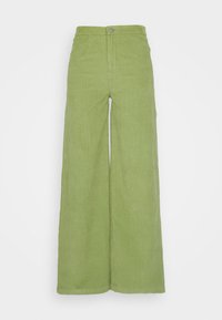 Groene corduroy wijde broek met hoge taille, voorzien van verticale ribbels, een metalen knoopsluiting en twee zijzakken.