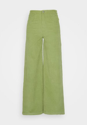 Green corduroy wide-leg pants with a high waist, featuring vertical ribbing, a metal button closure, and two side pockets.