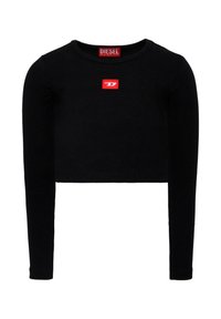 Crop top nero a righe con maniche lunghe, che presenta un ampio patch con il logo rosso Diesel sul petto, scollo rotondo e silhouette aderente.