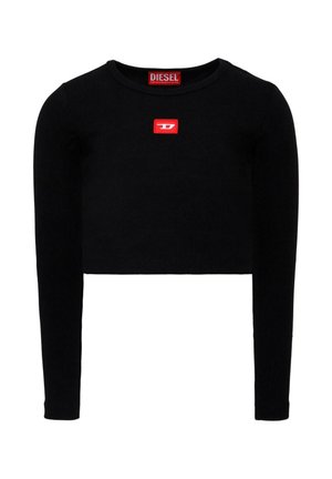 Crop top noir à manches longues côtelé avec un patch logo rouge Diesel prominent sur la poitrine, décolleté rond et silhouette ajustée.
