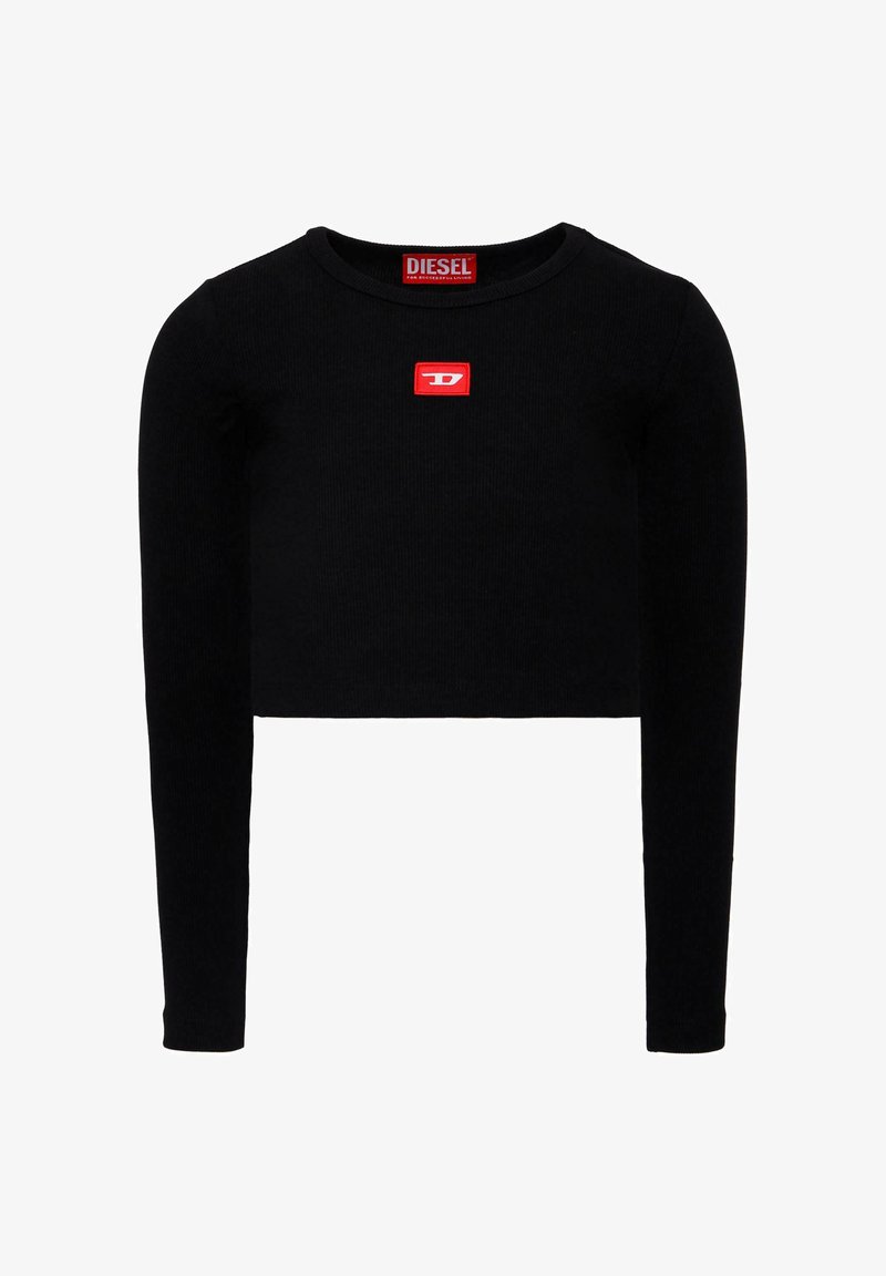 Crop top nero a righe con maniche lunghe, che presenta un ampio patch con il logo rosso Diesel sul petto, scollo rotondo e silhouette aderente.