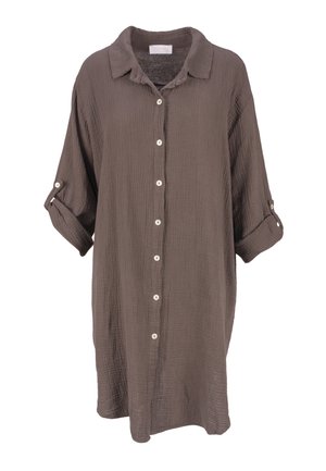 Braunes, langärmliges, strukturiertes Hemdkleid mit Knöpfen, Kragen und Hochrollärmeln, die mit Knopflaschen gesichert sind.