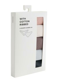 Lot de cinq sous-vêtements classiques en coton côtelé en forme de U, coloris assortis : rose clair, beige, blanc, marron et marine. Emballage en carton blanc.