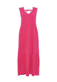Rosa, ärmelloses Maxikleid mit V-Ausschnitt und Schnüroptik im Rücken. Verfügt über ein geschichtetes Design für einen lässigen Sitz. Hergestellt aus weichem Stoff.