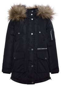 Parka negra acolchada con capucha desmontable forrada de piel, herrajes de plata, dos bolsillos frontales y logo de la marca bordado en el lateral.