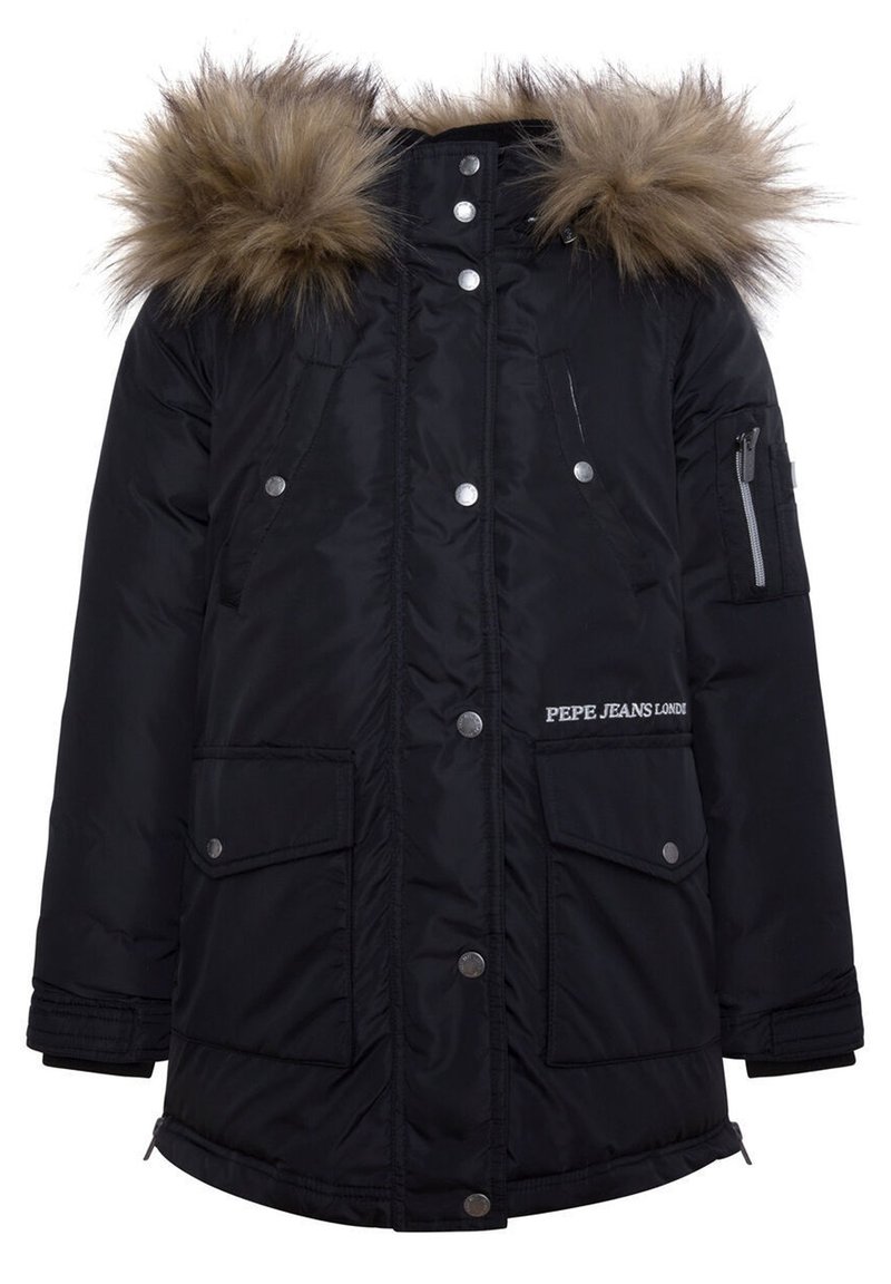 Parka negra acolchada con capucha desmontable forrada de piel, herrajes de plata, dos bolsillos frontales y logo de la marca bordado en el lateral.