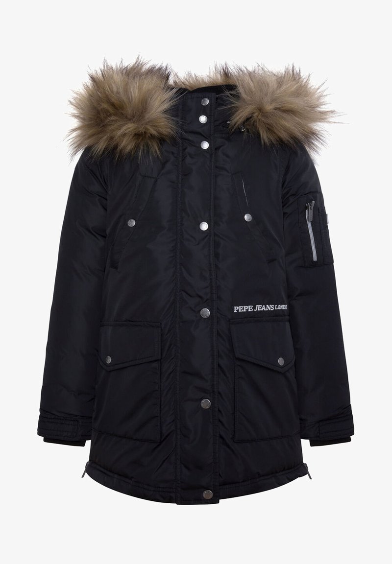 Parka negra acolchada con capucha desmontable forrada de piel, herrajes de plata, dos bolsillos frontales y logo de la marca bordado en el lateral.