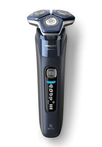 Rasoir électrique Philips 7000 Series, bleu foncé, design ergonomique, trois têtes de rasage rondes, panneau de contrôle éclairé, prise texturée.