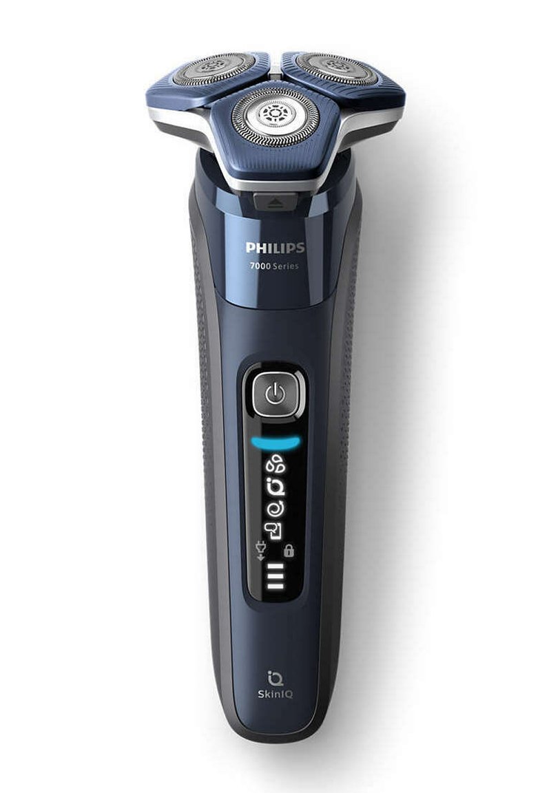 Rasoir électrique Philips 7000 Series, bleu foncé, design ergonomique, trois têtes de rasage rondes, panneau de contrôle éclairé, prise texturée.