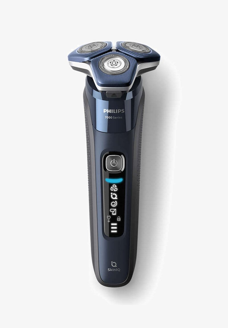 Rasoir électrique Philips 7000 Series, bleu foncé, design ergonomique, trois têtes de rasage rondes, panneau de contrôle éclairé, prise texturée.