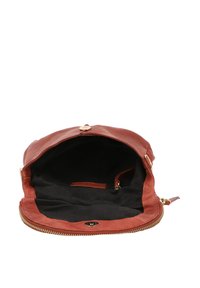 Brūna ādas soma ar rāvējslēdzēja atvēršanu, kas parāda melnu auduma iekšpusi. Ir mazs iekšējais kabata un zelta tonēta sprādze.