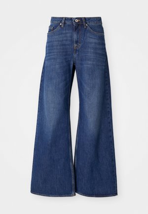Videbukser i denim i mørkeblå, med et klassisk femlommers design, knaplukning og subtile slidser langs lårene.