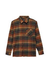 Flanellen shirt met een oranje, bruine en donkerblauwe ruitpatroon, met een button-down kraag en een borstzak aan de linkerkant.