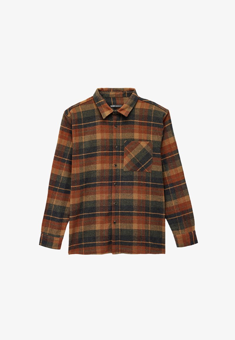 Flanellen shirt met een oranje, bruine en donkerblauwe ruitpatroon, met een button-down kraag en een borstzak aan de linkerkant.