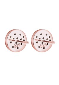 Roséguld studörhängen med rund form, med svarta prickar som accent och en "925" stämpel. Slät metalltextur.