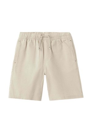 Shorts décontractés beige avec taille élastique et cordon, dotés de poches latérales et d'une coupe à hauteur du genou.