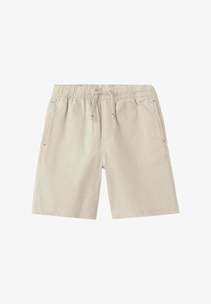 Shorts décontractés beige avec taille élastique et cordon, dotés de poches latérales et d'une coupe à hauteur du genou.