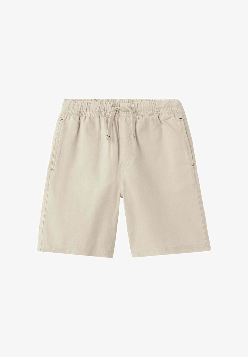 Shorts décontractés beige avec taille élastique et cordon, dotés de poches latérales et d'une coupe à hauteur du genou.