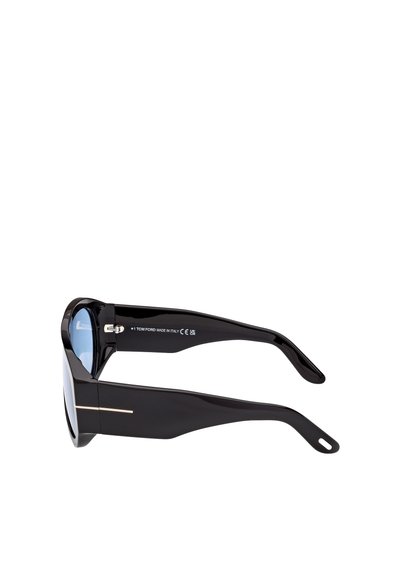 Musta aurinkolasit, joissa on tyylikäs muotoilu, kaarevat linssit ja kultaiset yksityiskohdat varsissa. Valmistettu Italiassa, ja niissä on kiiltävä pinta.