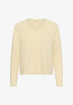 Maglione a scollo a V in tessuto morbido di colore giallo pallido. Presenta maniche lunghe e una vestibilità morbida con polsini e orlo a coste.