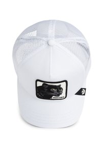White cap with mesh panels, featuring an embroidered black panther patch on the front, and a black accent on the side for adjustment.