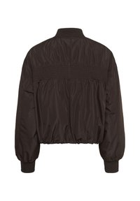 Veste bomber marron foncé avec col et poignets côtelés, taille élastiquée froncée et détail horizontal cousu dans le dos.